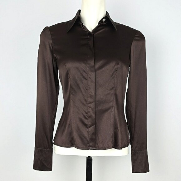 F Carriere Women's Silk Blend Espresso Brown Long Sleeves Button Down Blouse XS - Picture 4 of 16